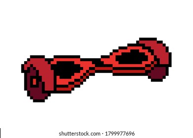 Red self-balancing scooter, pixel art icon. 8 bit hoverboard symbol. Gyroscooter logo. Eco city personal transporter.