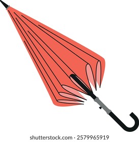 Red semi closed cane umbrella. Vector illustration isolated on transparent background. Parasol for rainy weather. Rain protection accessory.