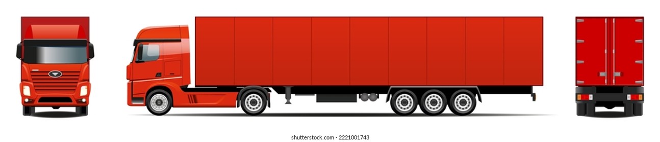 Red semi trailer truck vector mockup or template for car branding and advertising. Isolated red lorry, blank space. Cargo vehicle set on white background. View from side, front, back. Vector EPS-10.