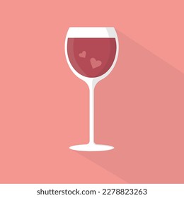 red semi-sweet wine in a glass with hearts on a pink background simplified vector illustration in flat and vintage style