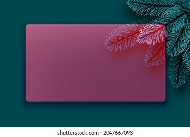 Red semi-transparent new year frame background. Spruce branch. Space for text. Vector winter holiday illustration.