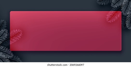 Red semi-transparent new year frame background. Spruce branch. Space for text. Vector winter holiday illustration.