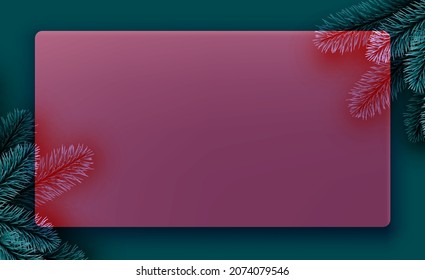 Red semi-transparent new year frame background. Spruce branch. Space for text. Vector winter holiday illustration.