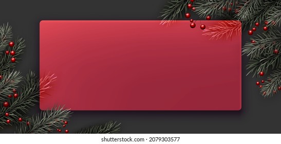 Red semi-transparent new year frame background. Spruce branch with red berries. Space for text. Vector winter holiday illustration.