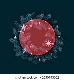 Red semi-transparent new year round frame background. Spruce branch with stars. Vector winter holiday illustration.