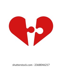 Red separated puzzle heart icon in flat style. Vector.