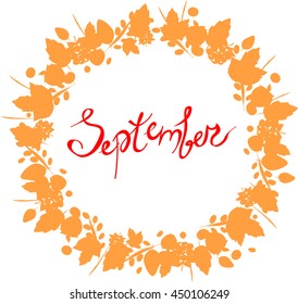 red September lettering in a frame of leaves, cones, twigs, branch, autumn elements and templates on white background. hipster background. Autumn template.
