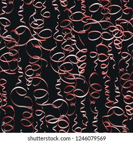 Red serpentine on black. Luxurious tinsel elements. Holiday backdrop. Vector illustration