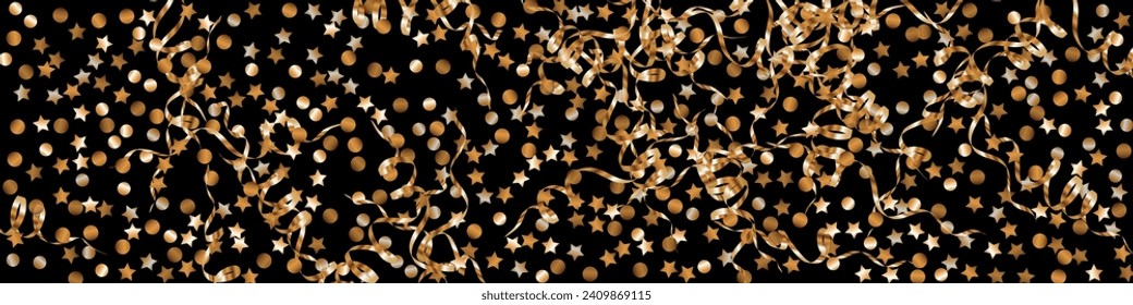 Fondo Panorámico Del Vector De Papel Serpentino Rojo. Fondo brillante. Diseño rico en polvo dorado. Cartel Sequin Happy.
