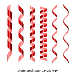 Red serpentine realistic set. Glowing spiral vector tape . Shiny confetti for wrapping paper, postcards, presents decoration. Festive ribbons border. 3d design element isolated on white background