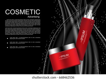 Red serum and cream with abstract lines on dark background vector cosmetic ads