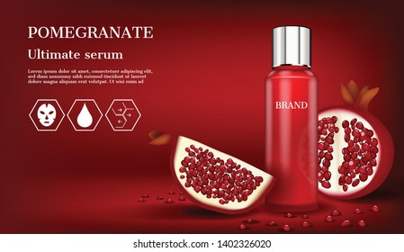 Red serum with icons and slice pomegranate