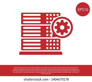 Red Server and gear icon isolated on white background. Adjusting app, service concept, setting options, maintenance, repair, fixing. Vector Illustration