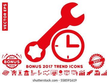 Red Service Time icon with bonus 2017 year trend images. Vector illustration style is flat iconic symbols, white background.