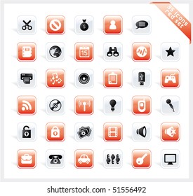 Red set of 35 shiny icons on square button