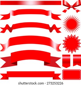 Red set of banners, labels and ribbons. Vector illustration 