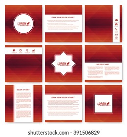 Red set of brochure. Square brochure template . Business, science, medicine and technology design . Cover layout . Red card. Background with red triangles.