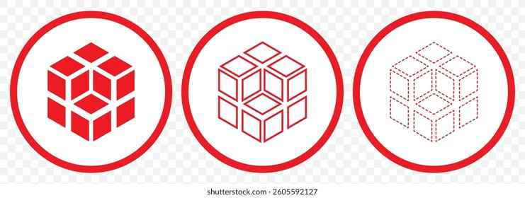 Red set of cubes illustration. 3d box perspective sign Cube vector icon on Transparent Background. EPS 10.
