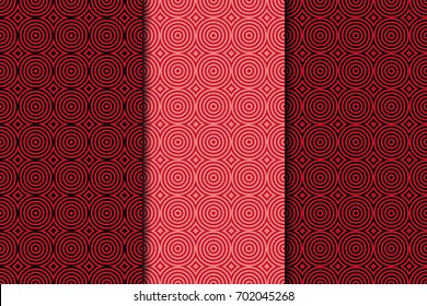 Red set of geometric seamless patterns. Vertical backgrounds for wallpapers and fabrics. Vector illustration