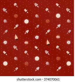 red set of hand-drawn cartoon aliens in spaceships