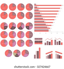 red set of infographics, pie diagrams, growth, fall graphics