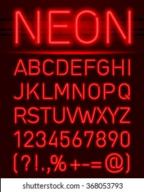 Red Set Neon Font And Symbols Isolated On Black
