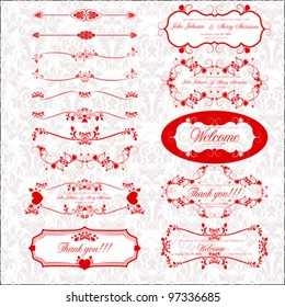 Red set of page decoration with retro elements with hearts a. Calligraphic Ornaments and Frames. Design Collection for banner, invitation, greeting card, poster, book, placard, badge, logotype, vector