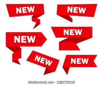 Red set of ribbons banners with white inscription NEW. Vector illustration