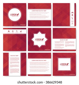 Red set of square template brochure. Business, science, medicine and technology design. Cover layout. Background with dark red triangles.