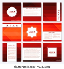 Red set of square template brochure. Business, science, medicine and technology design. Cover layout. Background with dark red triangles.