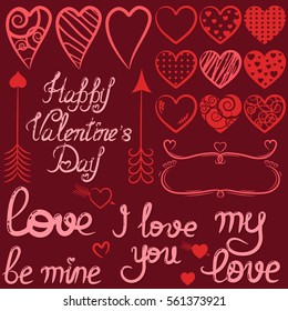 Red set of Valentine's Day with hearts and decorative elements