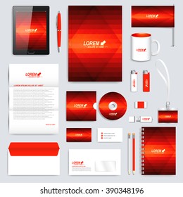 Red set of vector corporate identity template. Modern business stationery mock-up. Background with dark red triangles. Branding design.