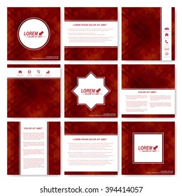 Red set vector templates for square brochure, cover layout, magazine or report.  Business, science, medicine and technology design. Background with dark red triangles.