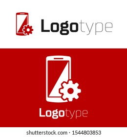 Red Setting on smartphone icon isolated on white background. Mobile phone and gear. Adjusting, service, setting, maintenance, repair, fixing. Logo design template element. Vector Illustration