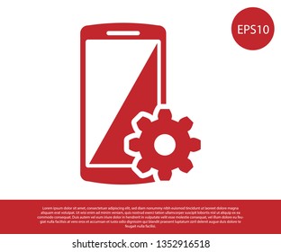 Red Setting on smartphone screen icon on white background. Mobile phone and gear sign. Adjusting app, set options, repair, fixing phone concepts. Vector Illustration