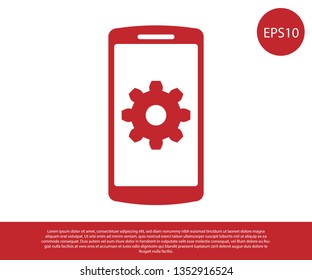 Red Setting on smartphone screen icon on white background. Mobile phone and gear sign. Adjusting app, set options, repair, fixing phone concepts. Vector Illustration