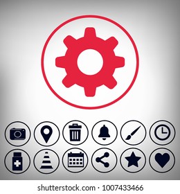 red setting,and camera, location,trash,bell,brush,clock,drugs,cone,calendar,share,star,heart, set icons