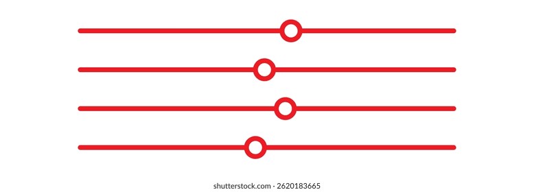 Red Settings sliders line icon vector illustration set. Red slider control options menu icon vector sign. Equalizer Vector icon. Adjustment Filter icon in red colour.
