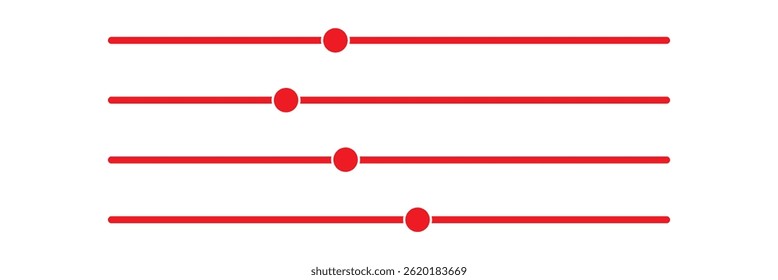 Red Settings sliders line icon vector illustration set. Red slider control options menu icon vector sign. Equalizer Vector icon. Adjustment Filter icon in red colour.