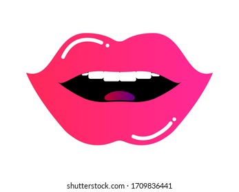 Red sexy female lips vector isolated on white background. Smiling Mouth Icon for Graphic Design Projects. Cartoon style. Colorful gradient. Icon, sign, symbol, patch, sticker. Healthy teeth.