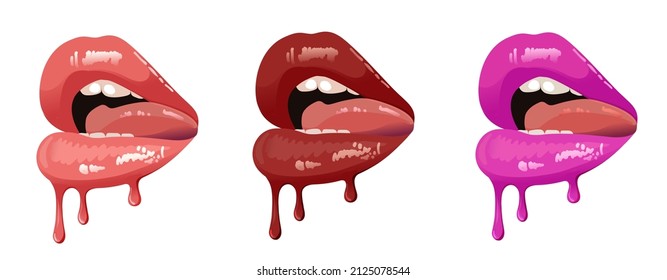Red Sexy Hot Dripping Lips Set. Lipstick Drips. Sexy Human Mouth Set Isolated On White