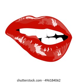 Red sexy lips poster. Girl bites her lip teeth. Pop art. Card for Valentines Day. Hand drawing. Vector illustration.