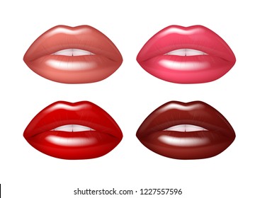 Red sexy lips set with gloss. Female lips with red, pink nude lipstick.