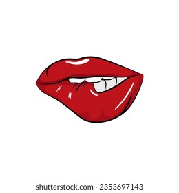 Rotes sexy Lippen-Aufkleber-Pflaster. Weibliche Make-up mit Küssen und Lächeln für buntes Pop-Design und offene Vektorbeauty-Kollektion