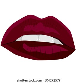 Red sexy lips. Vector illustration. The mouth is half open and visible teeth