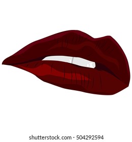 Red sexy lips. Vector illustration. The mouth is half open and visible teeth