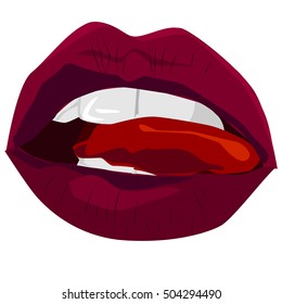 Red sexy lips. Vector illustration. Open mouth with tongue