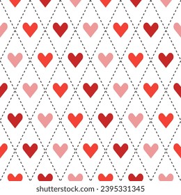 Red shade argyle pattern with heart inside. Argyle vector pattern. Argyle pattern. Seamless geometric pattern for clothing, wrapping paper, backdrop, background, gift card, sweater.