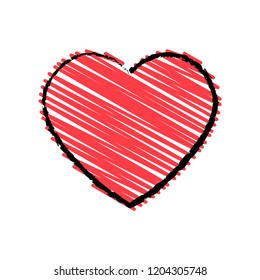 Red shaded heart and black contour. Close-up. Isolated object on white background. Vector image.