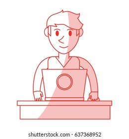 red shading silhouette front view half body guy with laptop computer